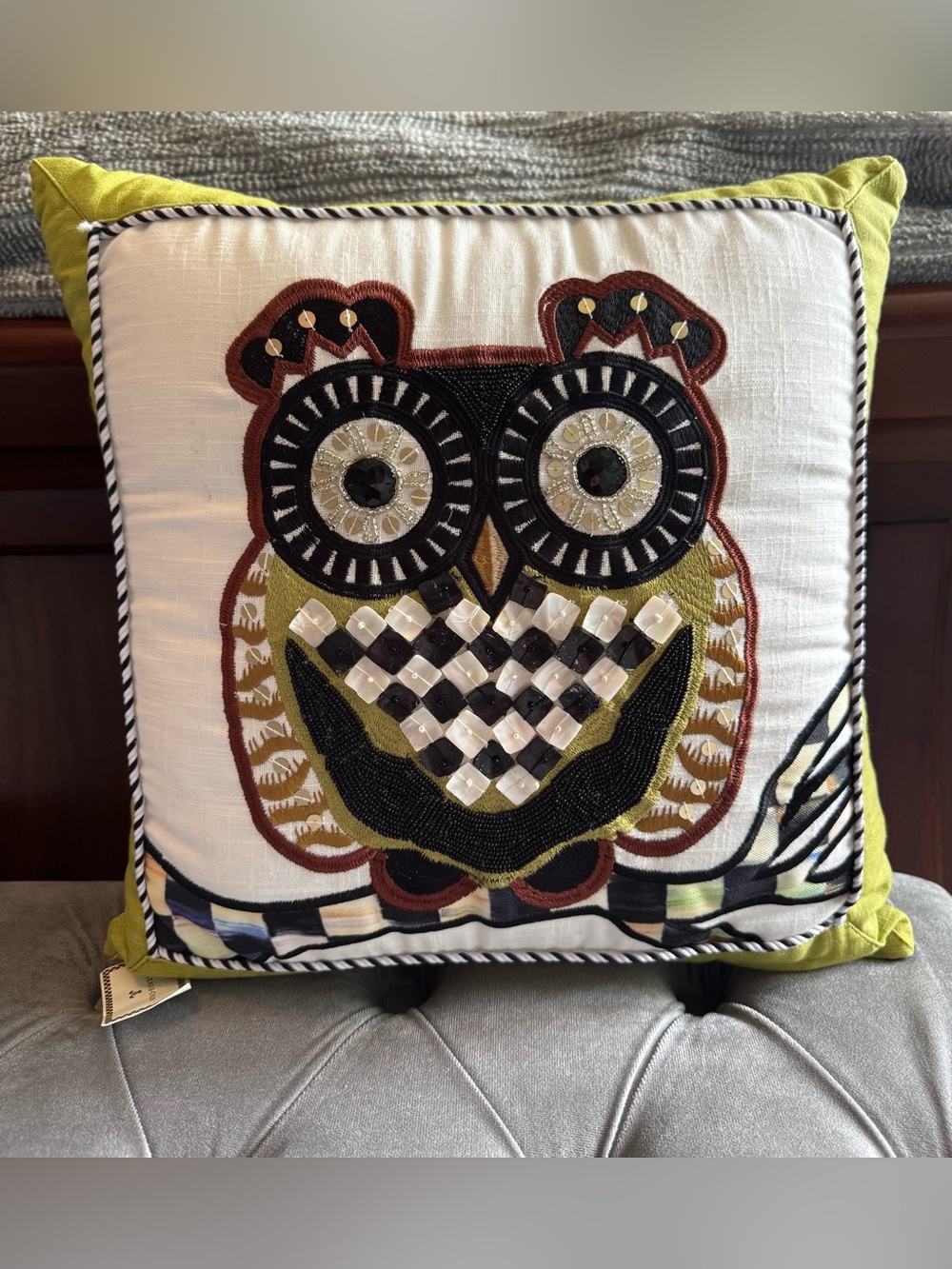 Mackenzie-Childs Beaded Owl courtly check pillow - New With Tags